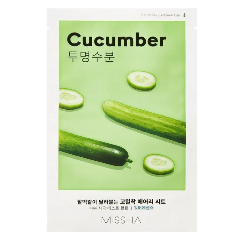 Cucumber-themed product packaging with green cucumbers on a white background, featuring the brand 'Missha'.