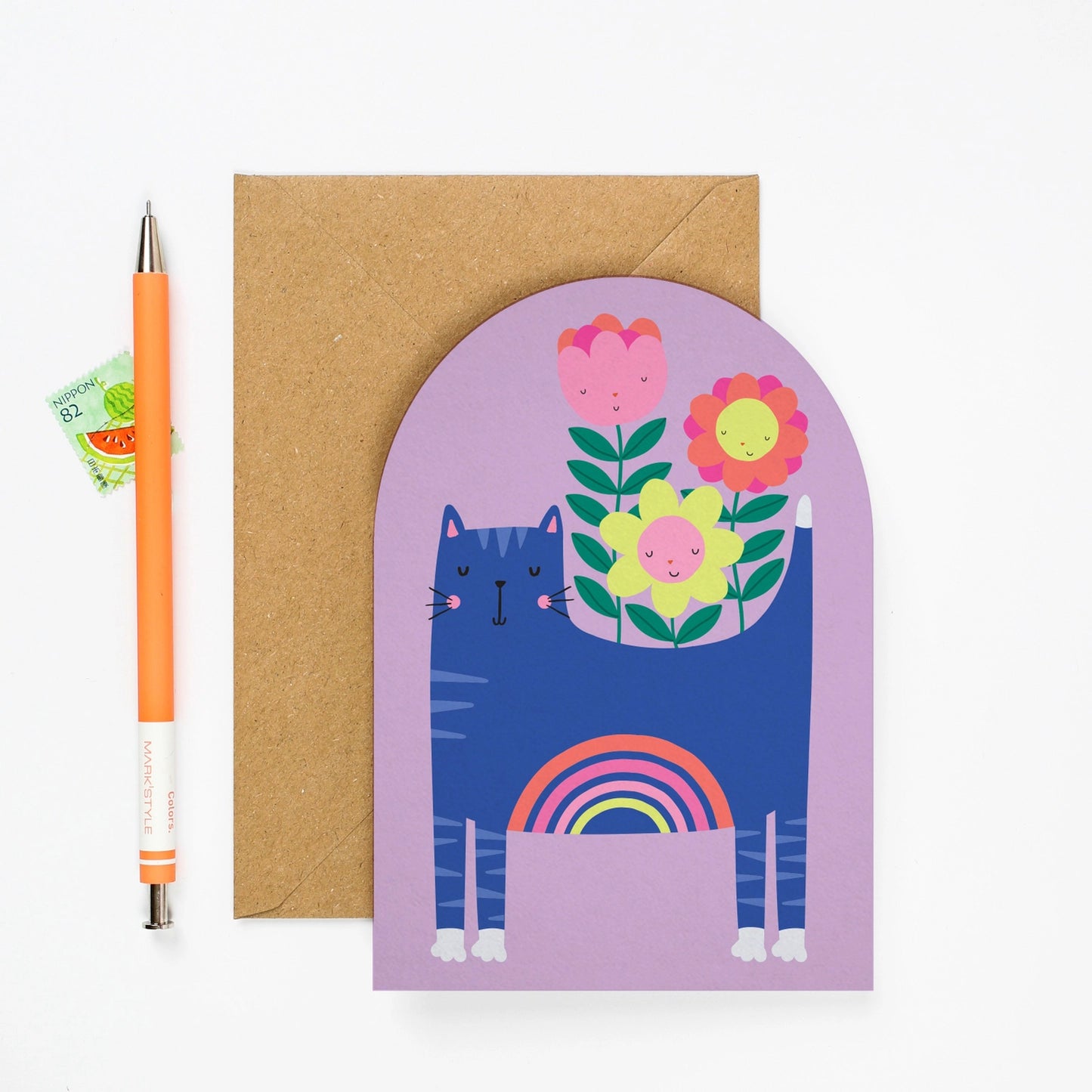 Regenboogkat wenskaart met envelop