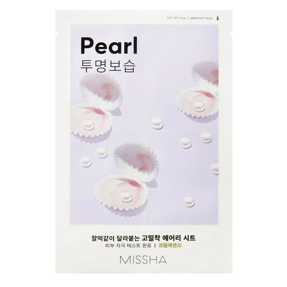 Pearl-themed product packaging with 'Missha' branding on a light purple background
