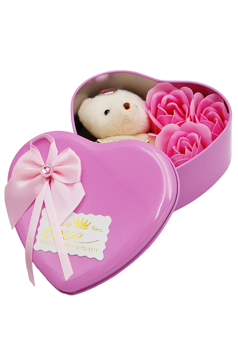 Blikken hart met zeeprozen en mini-teddybeer