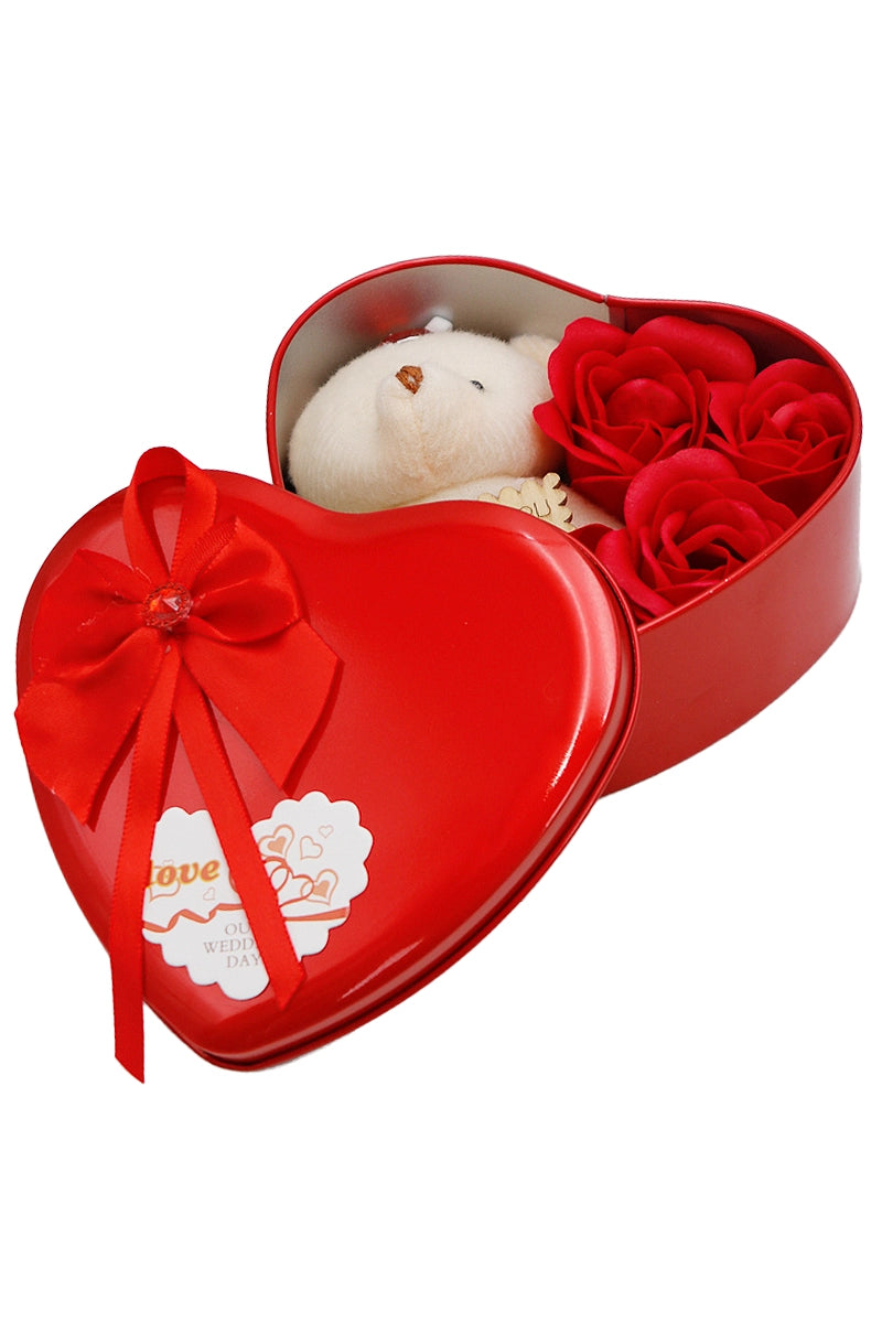 Blikken hart met zeeprozen en mini-teddybeer