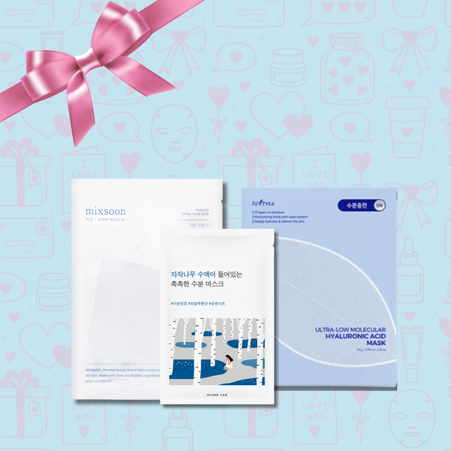 Mixsoon bifida sheetmask, Round Lab birch juice sheetmask, Isntree hyalurnic acid sheet mask giftset gift korean beauty