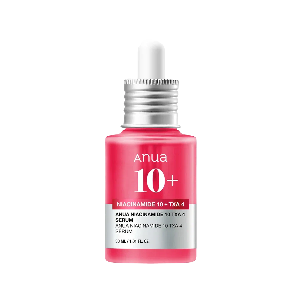 Pink serum bottle with silver cap on a white background