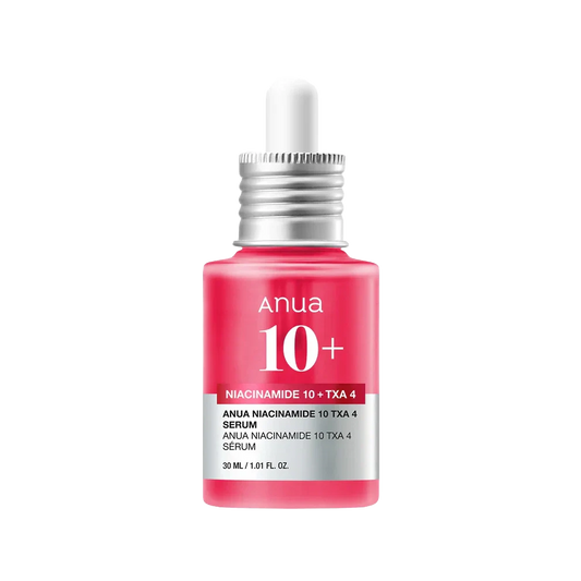 Pink serum bottle with silver cap on a white background