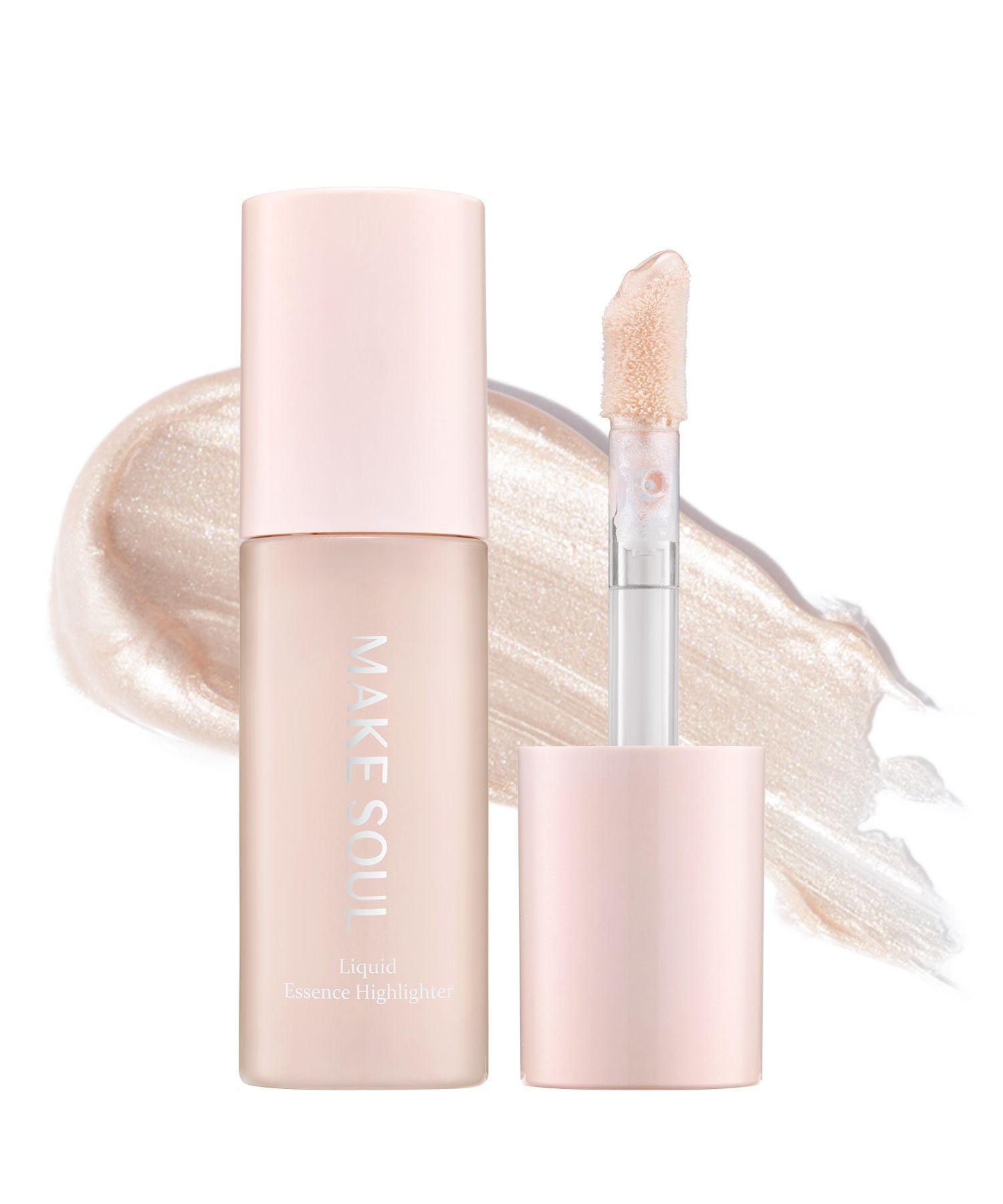MAKE SOUL Liquid Essence Highlighter in a pale pink bottle with its applicator wand shown beside it, set against a white background with a shimmering cream highlighter swatch behind it.