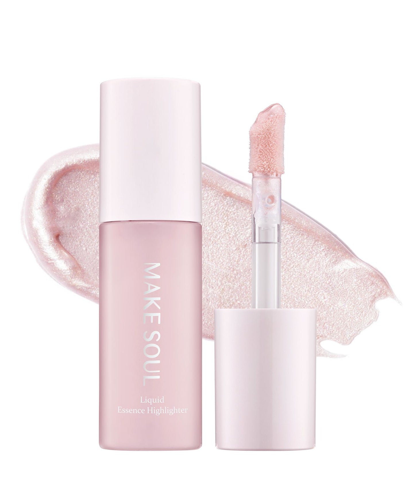 MAKE SOUL Liquid Essence Highlights liquid highlighter in a pale pink bottle with its applicator wand shown beside it, set against a white background with a matching pink highlighter swatch.