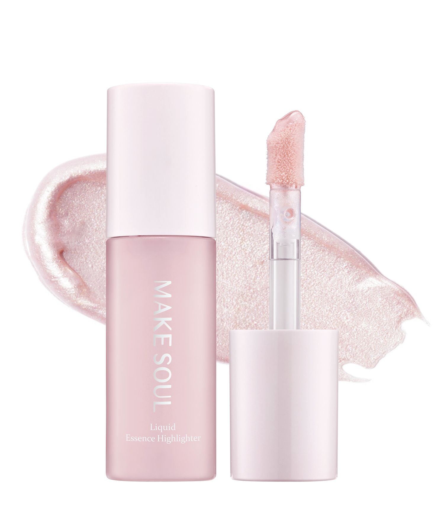 MAKE SOUL Liquid Essence Highlights liquid highlighter in a pale pink bottle with its applicator wand shown beside it, set against a white background with a matching pink highlighter swatch.