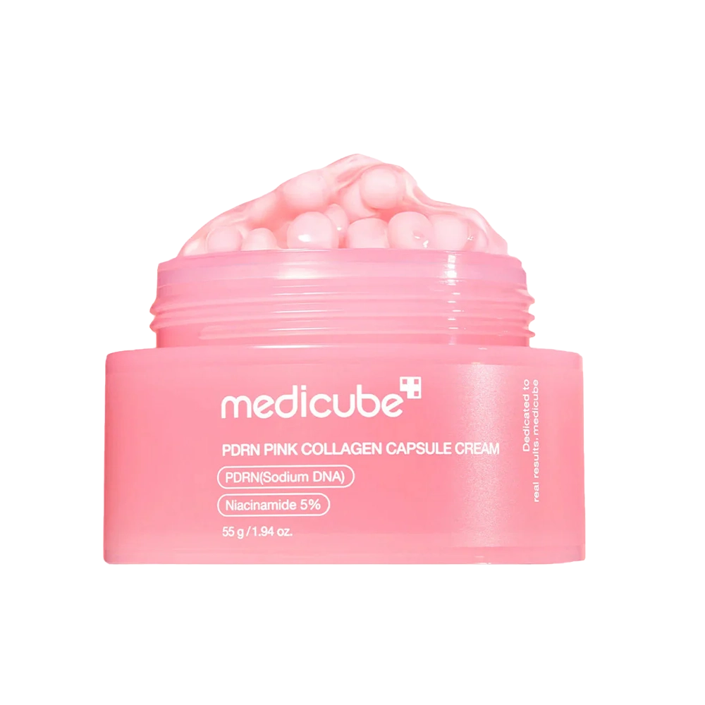 Pink collagen capsule cream jar with visible brand name on a white background