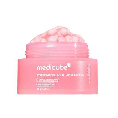 Pink collagen capsule cream jar with visible brand name on a white background