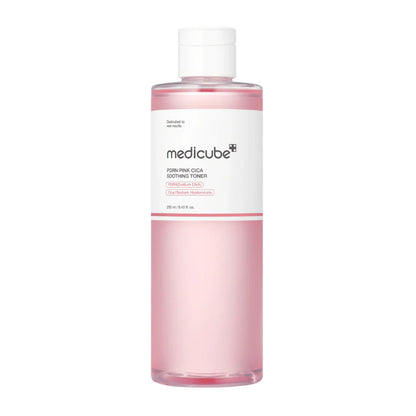 Pink bottle of Medicube toner on a white background