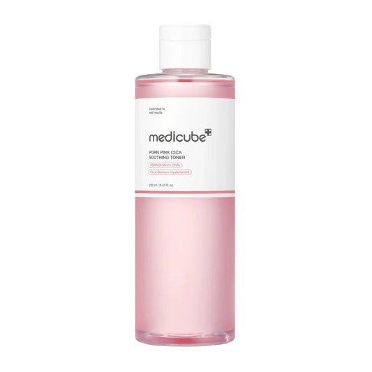 Pink bottle of Medicube toner on a white background