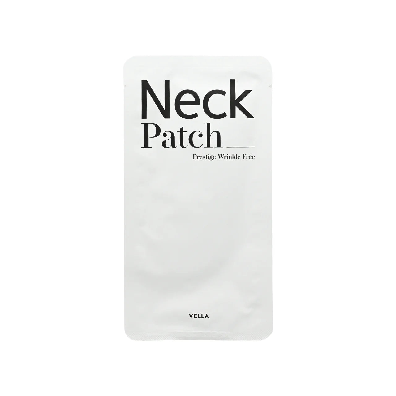 A white neck patch packaging pouch with black text reading 'Neck Patch' and 'Prestige Wrinkle Free' on a plain white background.