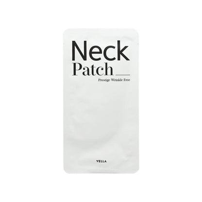 A white neck patch packaging pouch with black text reading 'Neck Patch' and 'Prestige Wrinkle Free' on a plain white background.
