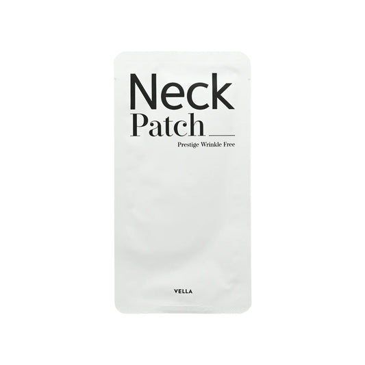 A white neck patch packaging pouch with black text reading 'Neck Patch' and 'Prestige Wrinkle Free' on a plain white background.