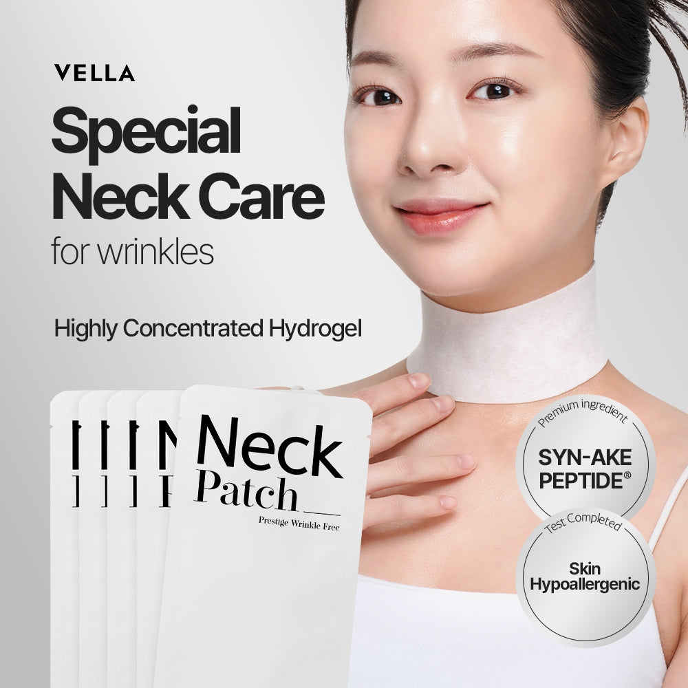 Vella Special Neck Care wrinkle patches shown with a woman wearing a white neck collar. The image includes text highlighting highly concentrated hydrogel and circular badges mentioning SYN-AKE PEPTIDE and skin hypoallergenic.